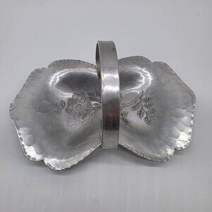Vintage Trade Continental Aluminum Hand Wrought Handle Tray Basket Floral Etched
